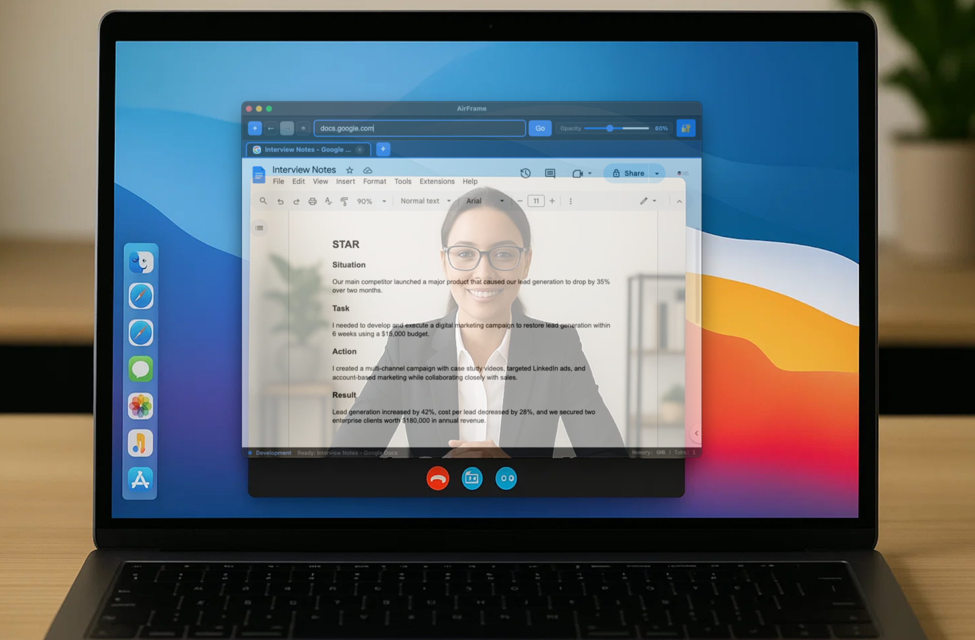 Laptop screen showing a video call with a woman in a business suit, and overlapping windows of Google Docs, including interview notes with a STAR method layout