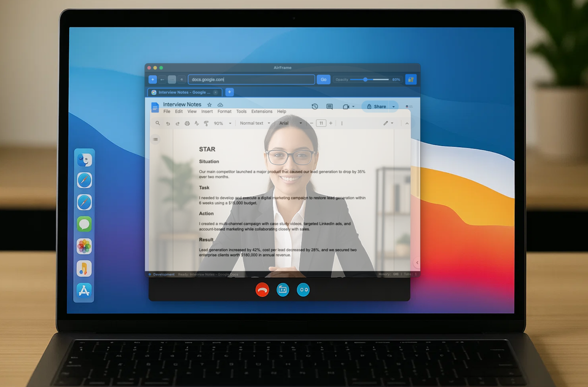 MacBook laptop with a video call screen showing an open Google Doc titled "Interview Notes" and a woman in professional attire smiling in the background.