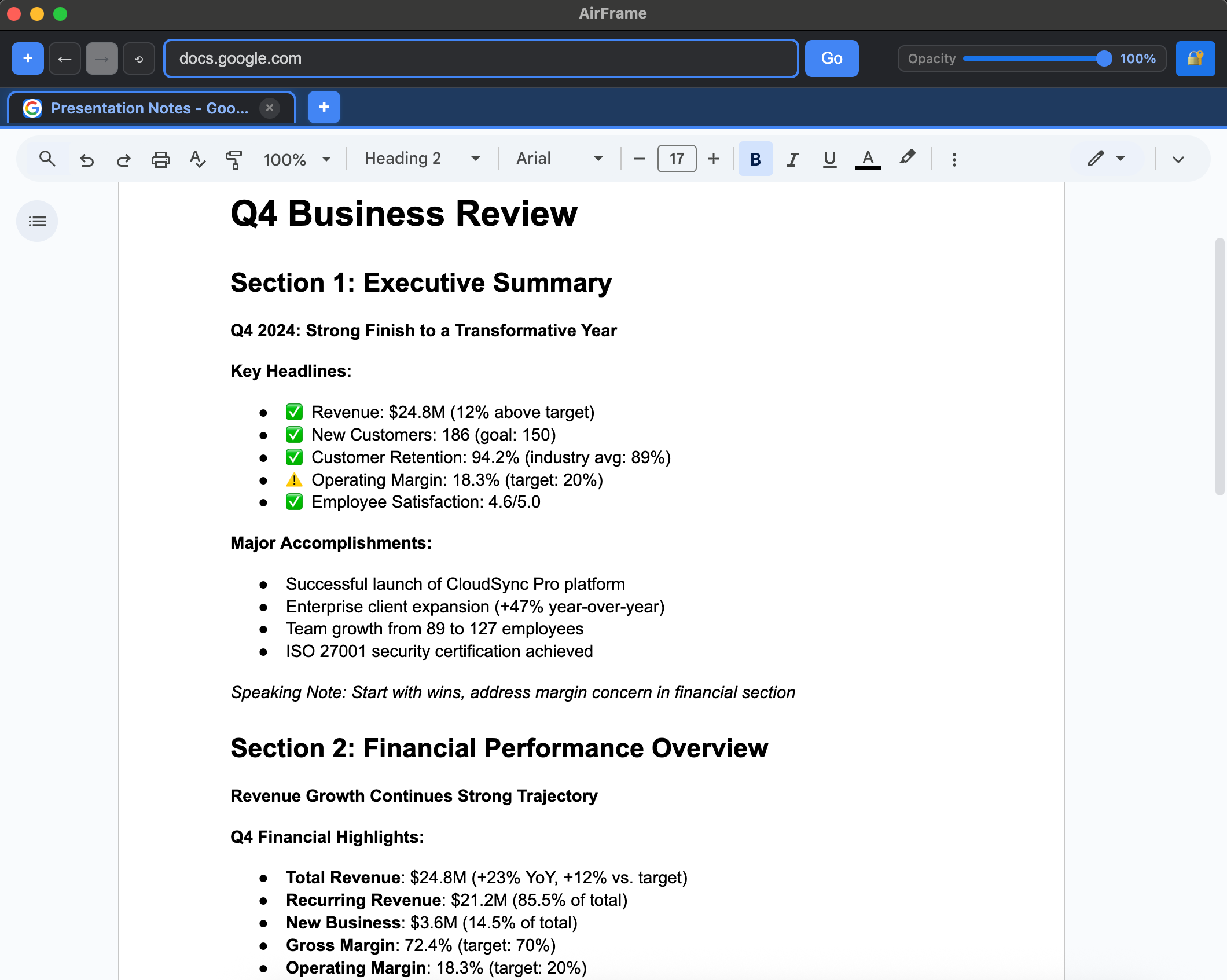 Screenshot of a Google document titled 'Q4 Business Review' with sections on Executive Summary and Financial Performance Overview, including key financial figures and accomplishments.