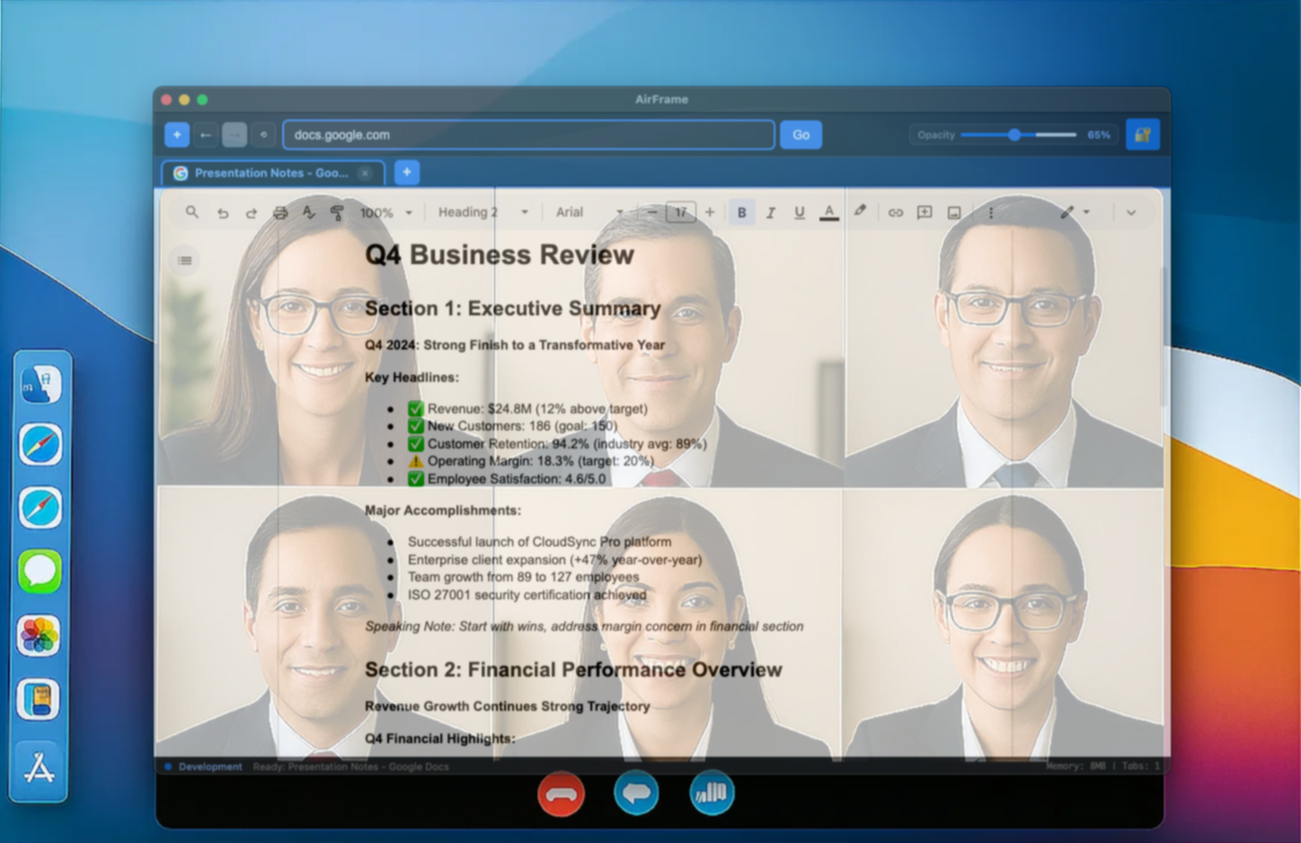 A computer screen showing a video conference with six diverse business professionals in a grid view. Overlaid is a Google Docs document titled 'Q4 Business Review' with text and key points on the company's financial performance and accomplishments.
