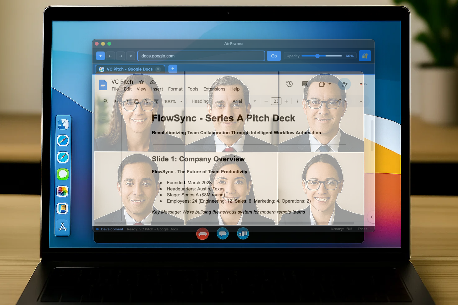 Laptop screen displaying a virtual meeting with a presentation slide titled 'FlowSync - Series A Pitch Deck' featuring images of six professionals.