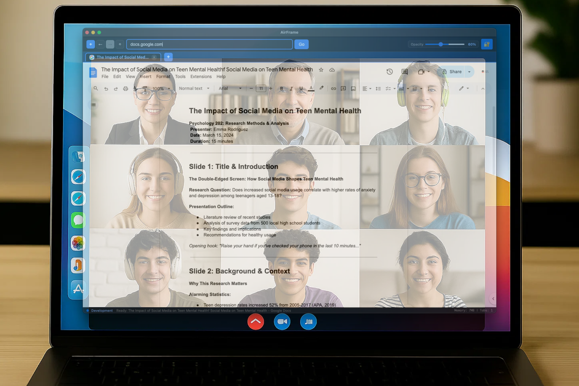 Laptop screen displaying a virtual meeting with six participants and a shared Google Docs document titled 'The Impact of Social Media on Teen Mental Health'.