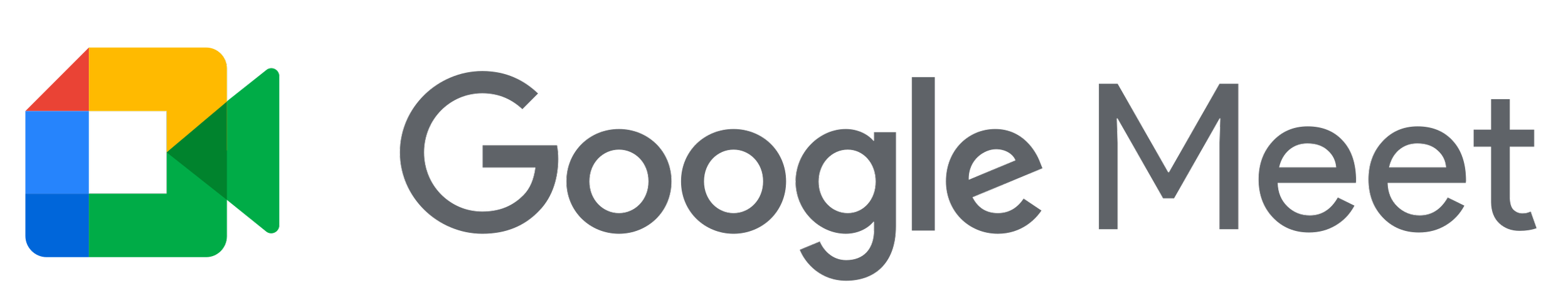 Google Meet logo with multicolored video camera icon and the word 'Google Meet' in gray text